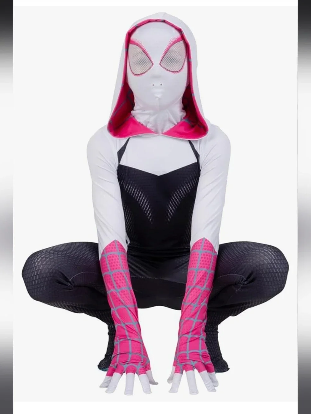 Spider Gwen Kids Superhero Hooded Jumpsuit in White, Black and Pink Size L